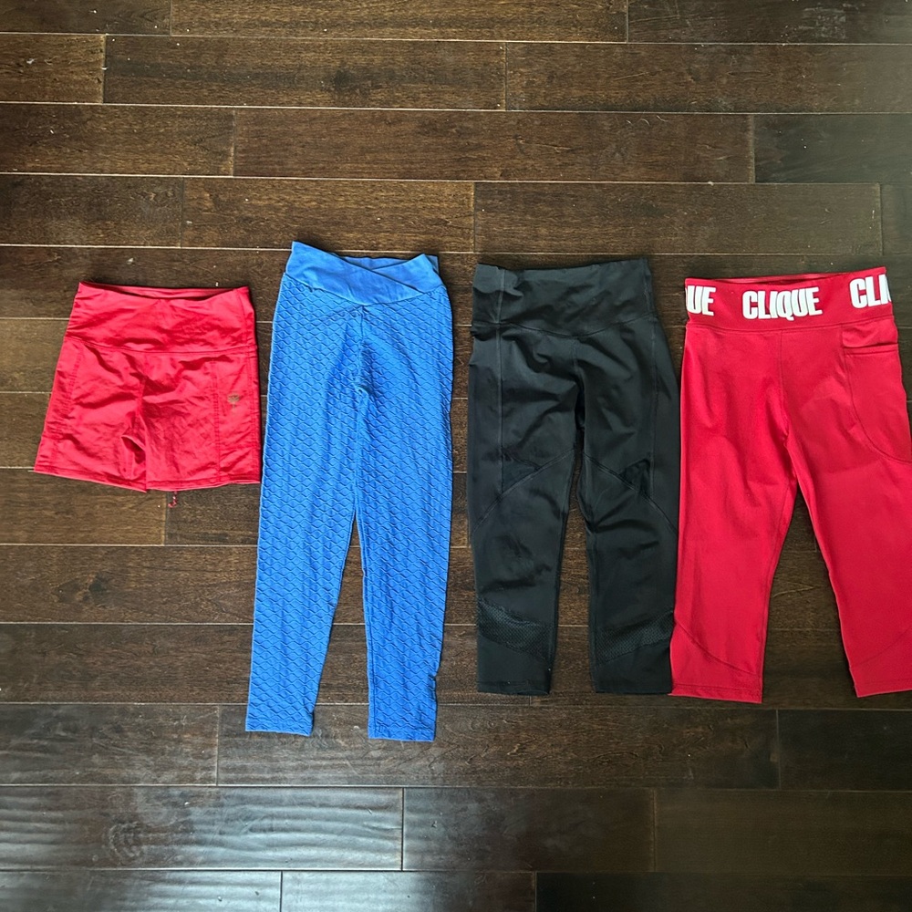 4 pair S small cropped capri leggings bike shorts red Clique ruched yoga pants